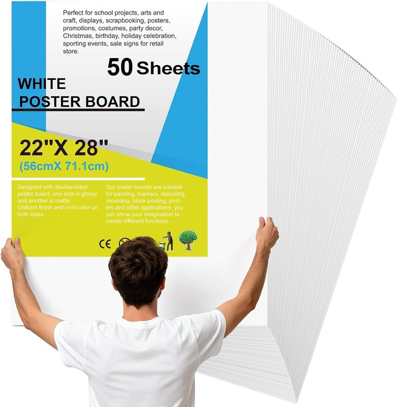 rookea 50Pcs 22" x 28" Poster Board White Poster Paper Bulk, 250 GSM Thickness Vision Boards Smart Poster Board for School Arts Craft Projects Presentations Drawing Scrapbooking Blank Graphic Display - Image 1
